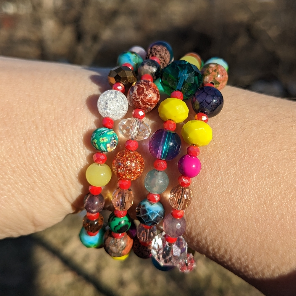 NEW JASPER Crystals LAVA STONE Beaded Bracelet Coil Glass Beads Sparkly Handmade - Picture 3 of 10